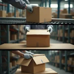 Scatola di cartone industriale con chiusura metallica difettosa durante movimentazione e apertura in magazzino
