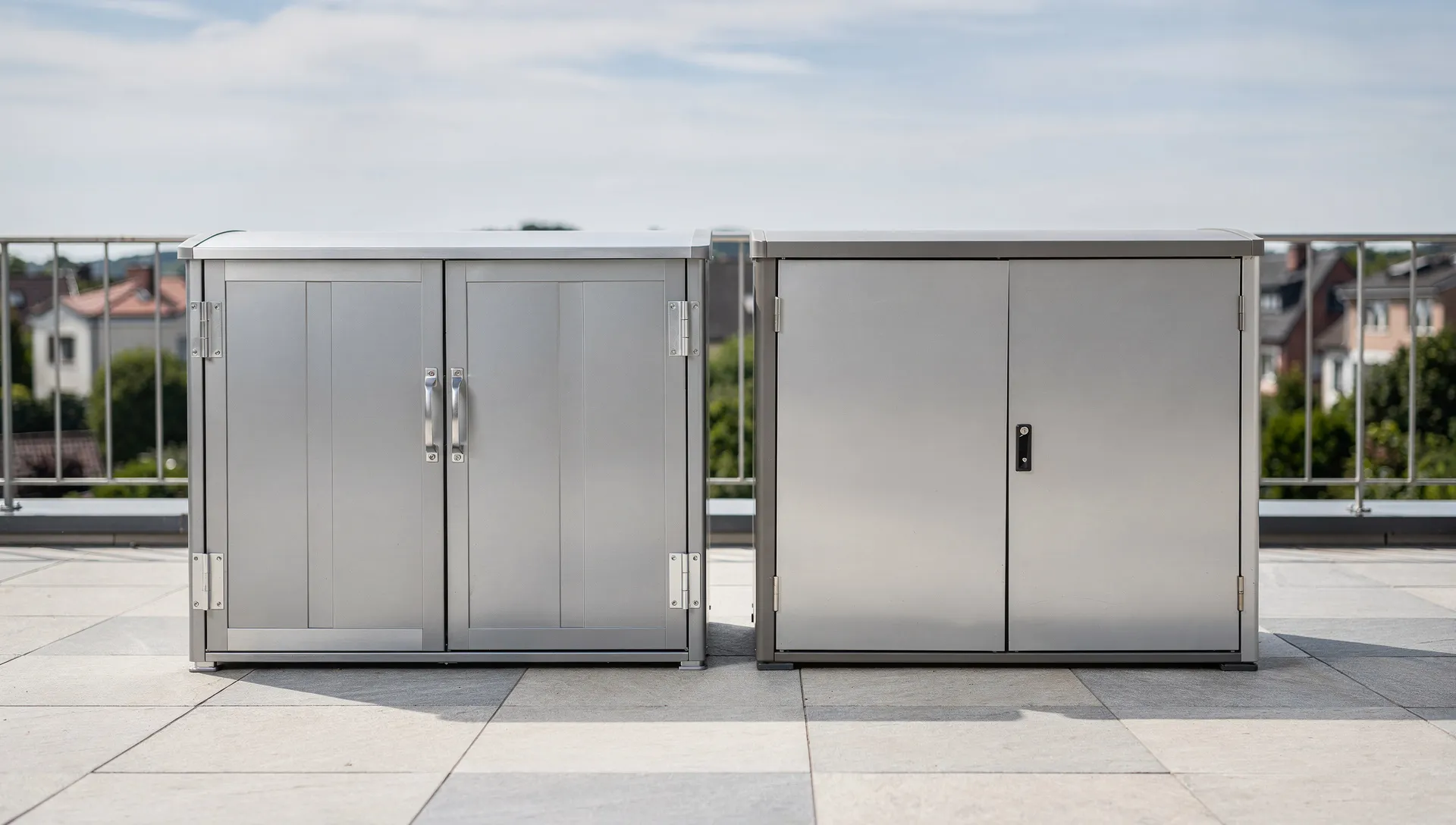 Confronto tra due armadi da esterno su un terrazzo, con dettagli su finiture, ferramenta e qualità costruttiva